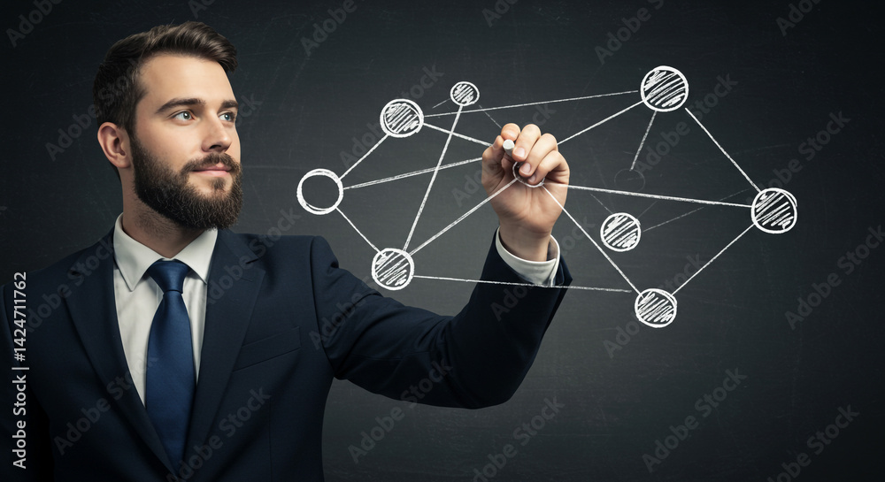 Businessman drawing network connections visualizing growth strategy dark background sharp focus Businessman drawing network connections visualizing growth strategy dark background sharp focus