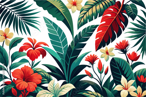 Tropical vintage palm trees, red hibiscus and banana leaves floral print isolated on Transparent background. 