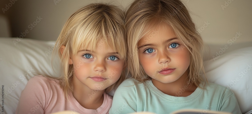 Image of young sisters reading together on their bed, perfect for use in blogs, websites, and educational resources on childhood literacy and strengthening family bonds Image of young sisters reading together on their bed, perfect for use in blogs, websites, and educational resources on childhood literacy and strengthening family bonds