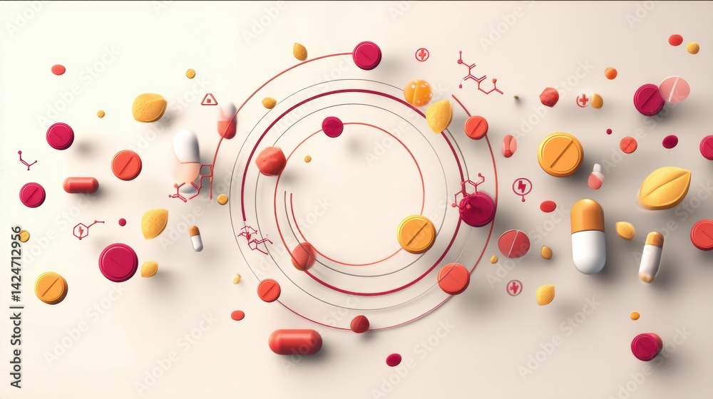 Bright Minimal Pills and Icons Create Dynamic Health Motion in a Circular Arrangement Illustrating Wellness