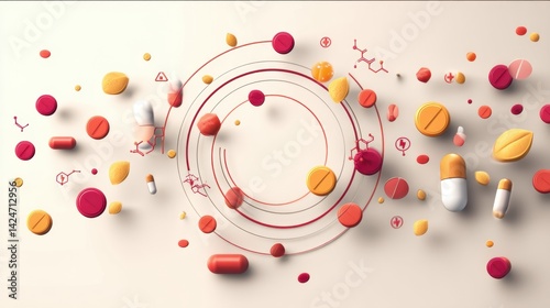 Obraz na płótnie Bright Minimal Pills and Icons Create Dynamic Health Motion in a Circular Arrangement Illustrating Wellness w salonie