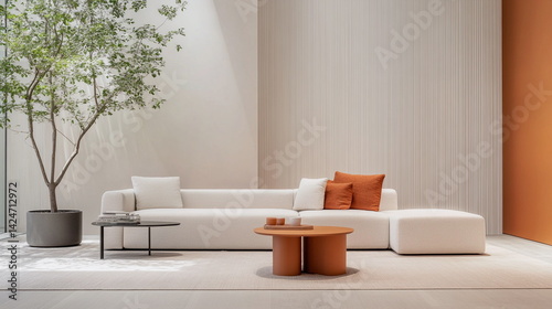 Modern white sofa with orange accents in a stylish interior  