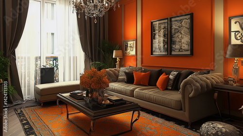 Elegant living room with orange accents and modern decor  