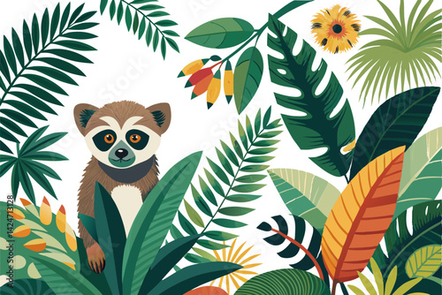 Tropical palm leaves, lemur and sloth floral isolated on Transparent background. 