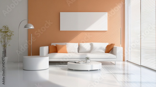 Modern minimalist living room with orange accents  