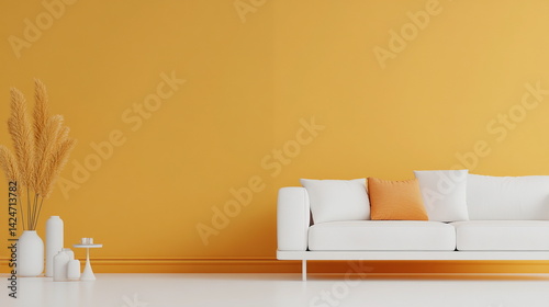 Cozy white sofa with orange pillows against a vibrant yellow wall -  
