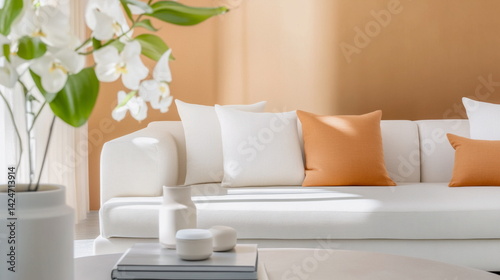 Modern living room with cozy white sofa and decorative pillows  