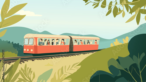Friends Taking a Train Journey Through Rolling Hills