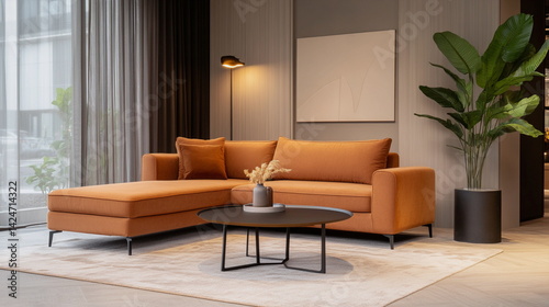 Modern orange sofa in a stylish living room with plants  