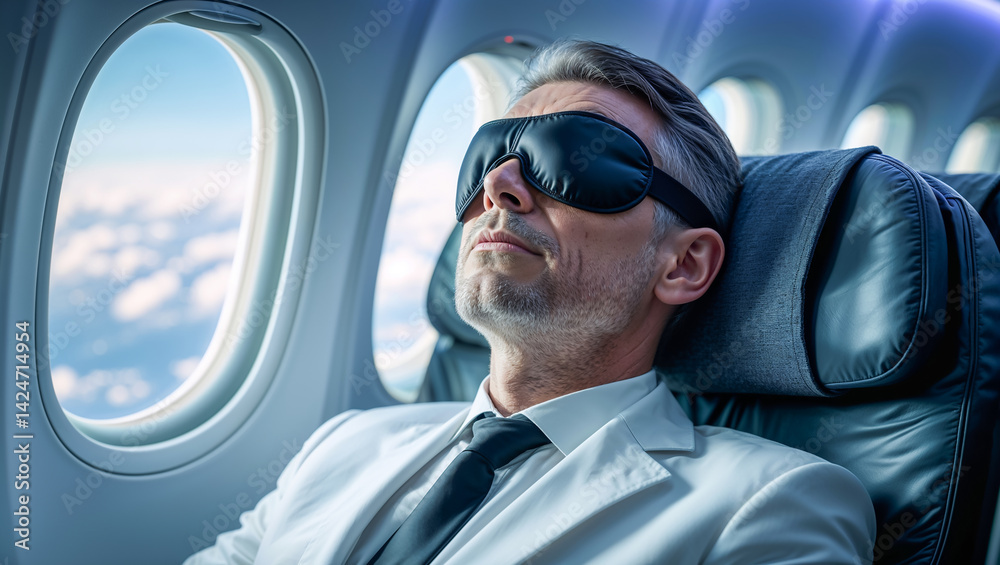 Portrait of Business Man Waring Slap Mask Sleeping on Airplane
