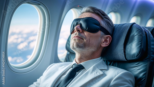 Portrait of Business Man Waring Slap Mask Sleeping on Airplane