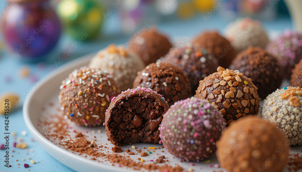 A variety of brigadeiros displayed on a dessert tray, with toppings such as sprinkles, nuts and coconut powder, in a festive setting.
IA generativa.