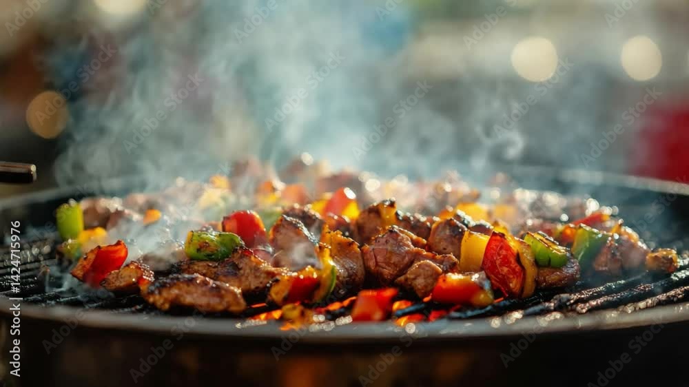 Sizzling Skewers: A vibrant and mouthwatering display of grilled meat and colorful vegetables, sizzling on a hot barbecue grill, creating a sensory feast of flavor and aroma. Sizzling Skewers: A vibrant and mouthwatering display of grilled meat and colorful vegetables, sizzling on a hot barbecue grill, creating a sensory feast of flavor and aroma.