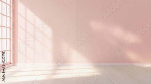 Soft pink interior with natural light and shadows on the floor  
