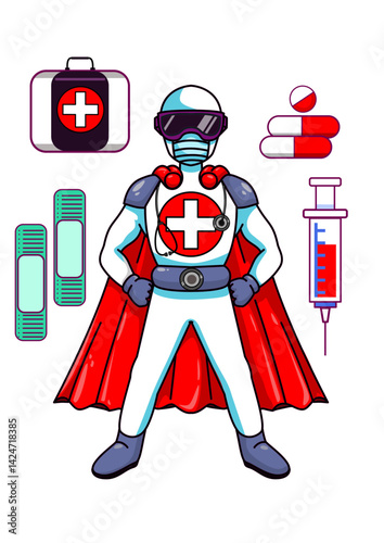 Illustration of a superhero figure styled as a medical professional surrounded by first-aid symbols like pills, bandages, and syringes, emphasizing healthcare, support, and guardian concepts.