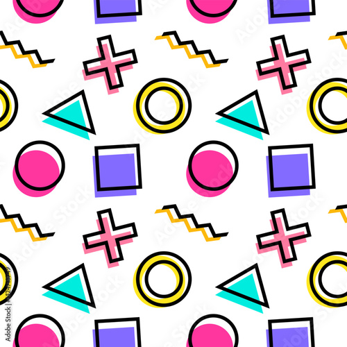 Vintage seamless pattern in Memphis and pop art style featuring of vibrant abstract geometric shapes including circles, squares, triangles, and crosses. Perfect for textiles and wrapping paper.