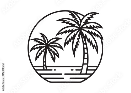 Palm tree silhouettes sign on sun beach, sunset on island, two palm and sun logo icon