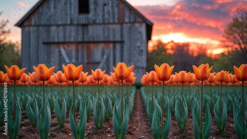 Orange tulips growing in garden rows at sunset with barn in background