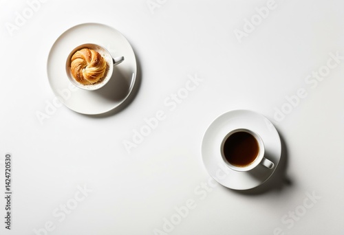 Two cups of coffee on a white table.