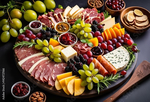 A wooden platter filled with different types of cheese and fruit.