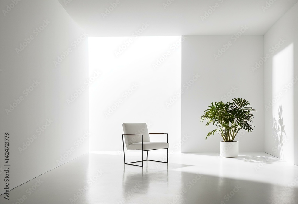 Fototapeta premium A white room with a chair and a plant in a pot.