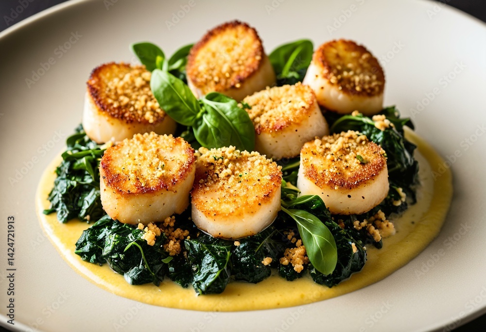 A white plate topped with scallops and greens.