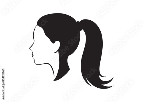 Female fashion hairstyle woman head with haircut ponytail silhouette Vector Icon Design