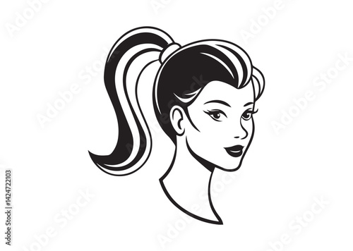 Female fashion hairstyle woman head with haircut ponytail silhouette Vector Icon Design