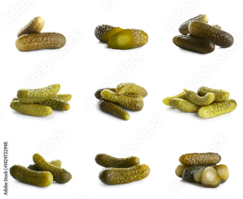 Set of pickled cucumbers on white background