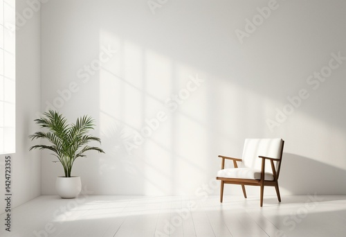 A white chair sitting next to a potted plant in a room.