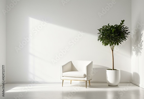 A white chair sitting next to a plant in a white room.