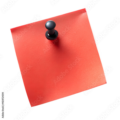 Red Sticky Post It Note With Black Pushpin On White Background