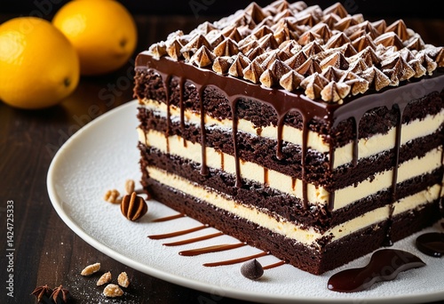 A piece of cake on a plate with berries on top.