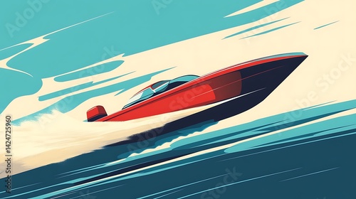 Red speedboat racing ocean waves.