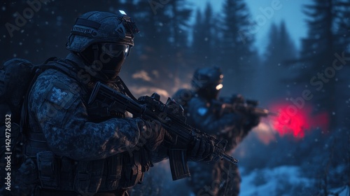 Soldiers in snowy forest at night