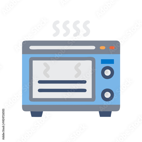 Cartoon convection oven, hot kitchen appliance on black background