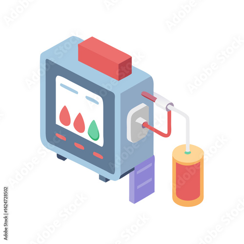 Isometric Illustration of Blood Testing Machine with Droplet Icons