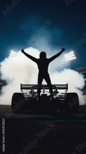Silhouette of celebrating race car driver standing on car in winner's circle at night with stadium lights and smoke.