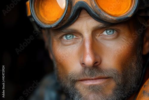 Intense Gaze with Protective Eyewear A CloseUp Portrait of a Man Wearing Safety Glasses for I photo