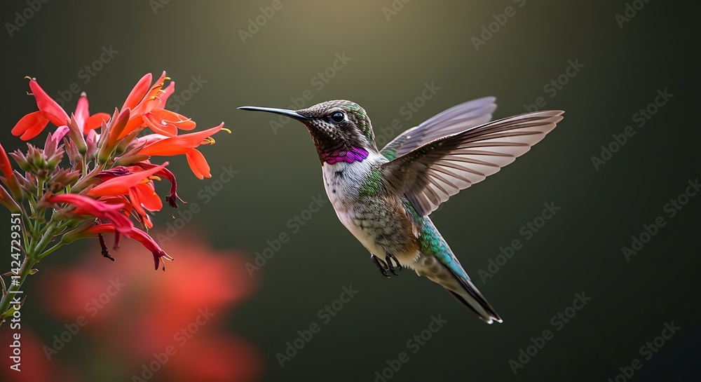 Fototapeta premium A hummingbird gracefully hovers near a vibrant red flower, seeking nectar in its natural habitat.