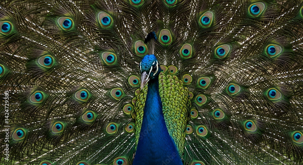 Fototapeta premium Magnificent peacock showcases its vibrant, iridescent plumage in a stunning display of beauty.