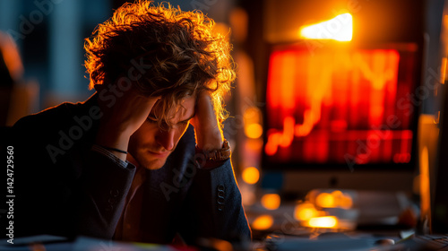 Professional Stock Trader Watching Market Crash on Trading Screen – Financial Crisis Concept