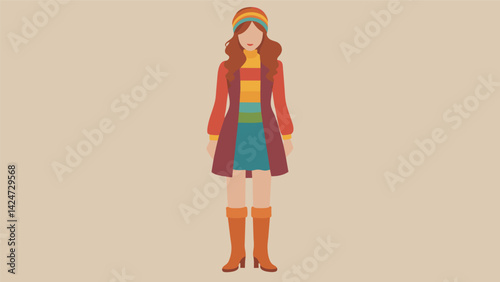 A cozy cardigan in a rainbow knit worn over a mini dress and styled with kneehigh boots and a headband channeling a 1970s bohemian vibe.. Vector illustration