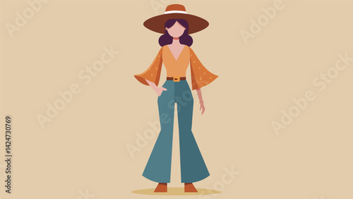 A bohochic outfit boasting a flowy peasant top flared jeans and a fedora all found at a thrift store.. Vector illustration