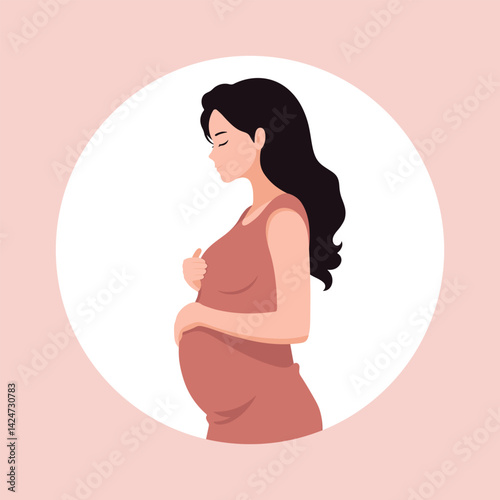 A side profile of a pregnant woman, future mom, holding her belly with care. Ideal for motherhood and pregnancy themes. Vector illustration in cute cartoon style isolated on a background.