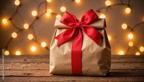 Gift-wrapped package with red ribbon against festive lights