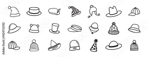 hat doodle hand drawn icon set. Outline drawing hats line clipart symbol collection