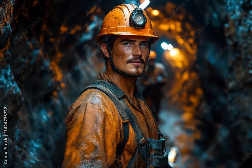 Fototapeta premium Miner in Action A Portrait of a Worker in a Dark Tunnel with Safety Gear and Headlamp