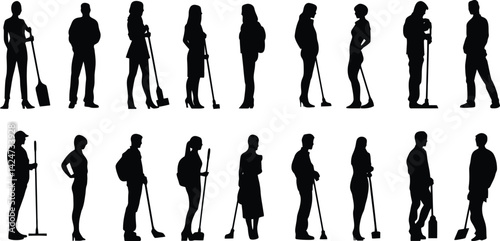 Various silhouettes of individuals engaged in cleaning activities with vacuum mops at different locations