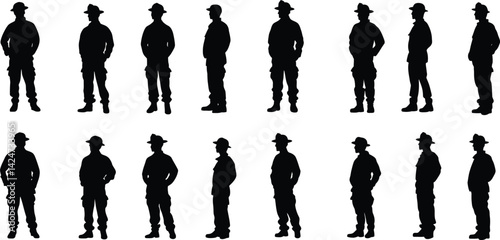 Collection of firefighter silhouettes showing various poses and attitudes in uniform against a plain background during daylight